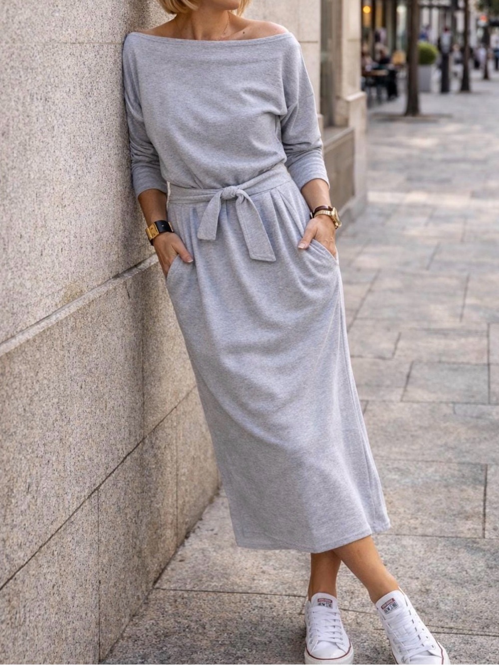 Women’s Casual Light Gray Belted Midi Dress